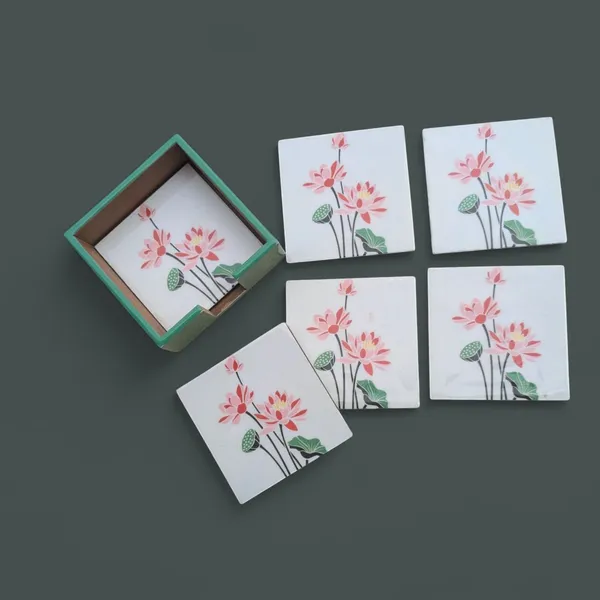 Madarks_Handcrafted_MDF_Coaster_Set_with_Wooden_Holder_–_4.5_x_4.5_inch_–_Lotus_Floral_Design_–_Set_of_6