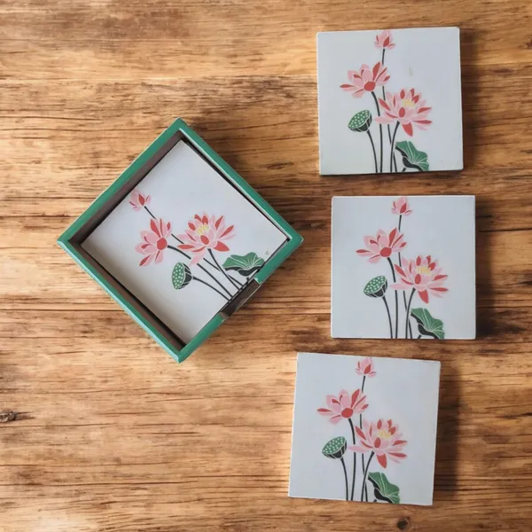 Madarks_Handcrafted_MDF_Coaster_Set_with_Wooden_Holder_–_4.5_x_4.5_inch_–_Lotus_Floral_Design_–_Set_of_6