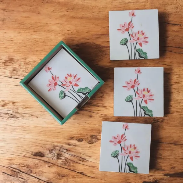 Madarks_Handcrafted_MDF_Coaster_Set_with_Wooden_Holder_–_4.5_x_4.5_inch_–_Lotus_Floral_Design_–_Set_of_6