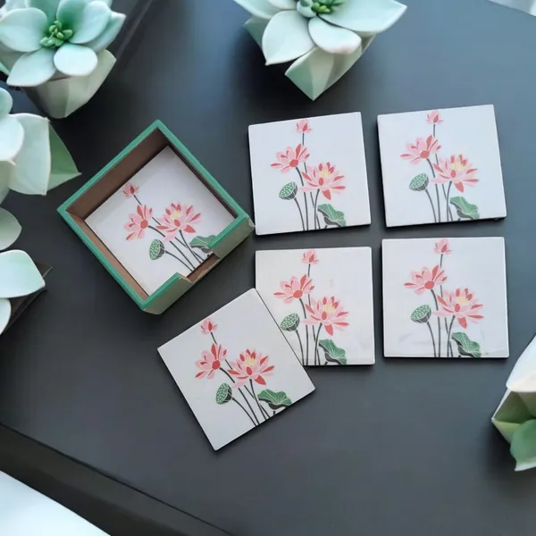 Madarks_Handcrafted_MDF_Coaster_Set_with_Wooden_Holder_–_4.5_x_4.5_inch_–_Lotus_Floral_Design_–_Set_of_6