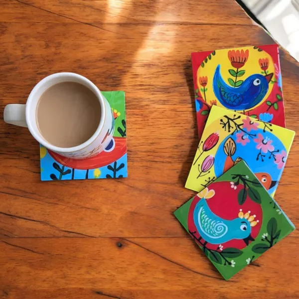 Madarks_Handcrafted_MDF_Coasters_Set_–_Round,_10_cm_Diameter_–_Vibrant_Bird_Art_–_Set_of_4