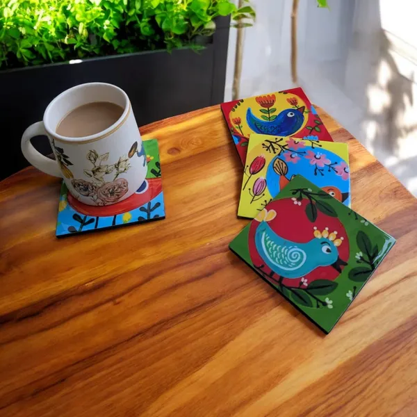 Madarks_Handcrafted_MDF_Coasters_Set_–_Round,_10_cm_Diameter_–_Vibrant_Bird_Art_–_Set_of_4
