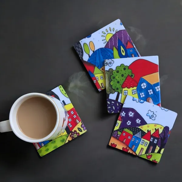 Madarks_Handcrafted_MDF_Coasters_–_Set_of_4_|_10_cm_Square_|_Vibrant_Village_Art_Design