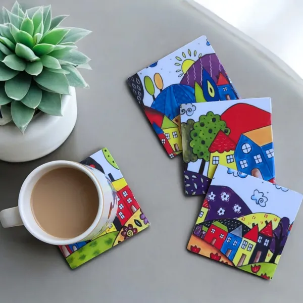 Madarks_Handcrafted_MDF_Coasters_–_Set_of_4_|_10_cm_Square_|_Vibrant_Village_Art_Design