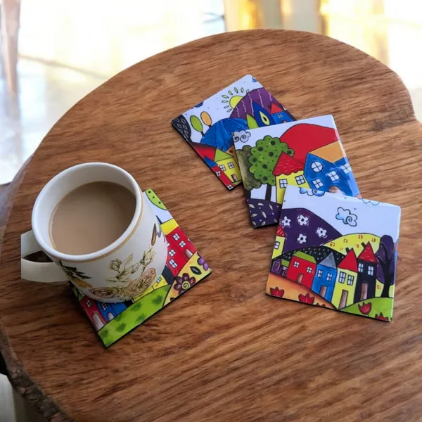 Madarks_Handcrafted_MDF_Coasters_–_Set_of_4_|_10_cm_Square_|_Vibrant_Village_Art_Design