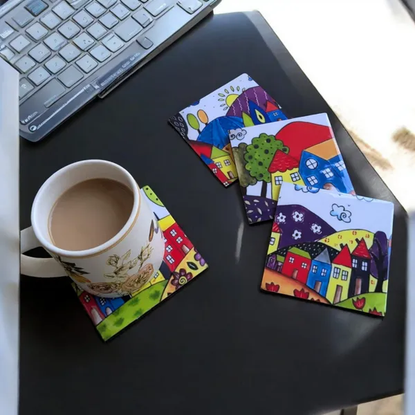 Madarks_Handcrafted_MDF_Coasters_–_Set_of_4_|_10_cm_Square_|_Vibrant_Village_Art_Design