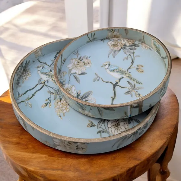 Madarks_Handcrafted_Round_Bird_Design_Serving_Trays_-_Set_of_2,_MDF_Enamel_Trays,_Size:_7_Inch_and_9_Inch