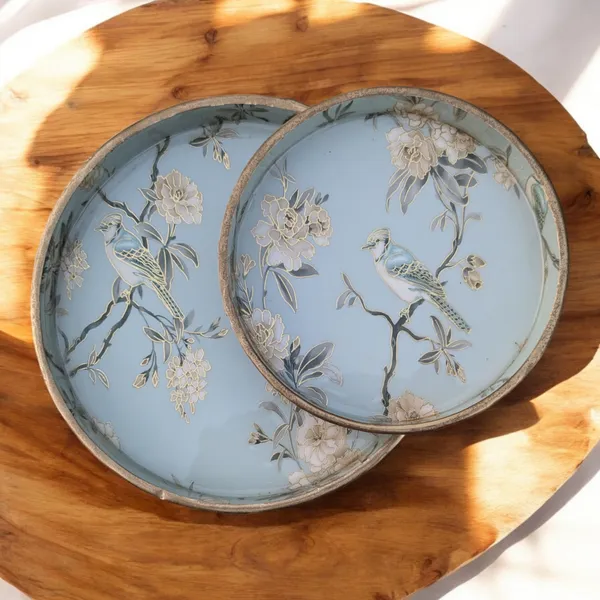 Madarks_Handcrafted_Round_Bird_Design_Serving_Trays_-_Set_of_2,_MDF_Enamel_Trays,_Size:_7_Inch_and_9_Inch