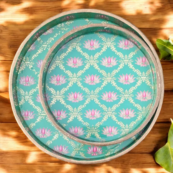 Madarks_Handcrafted_Round_Lotus_Design_Serving_Trays_-_Set_of_2,_MDF_Enamel_Trays,_Size:_7_Inch_and_9_Inch