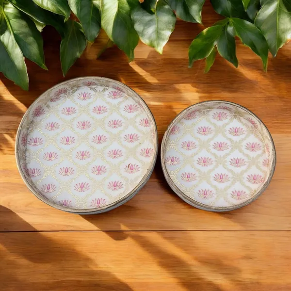 Madarks_Handcrafted_Round_Lotus_Design_Serving_Trays_-_Set_of_2,_MDF_Enamel_Trays,_Size:_7_Inch_and_9_Inch