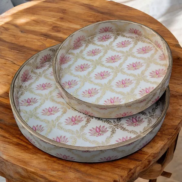 Madarks_Handcrafted_Round_Lotus_Design_Serving_Trays_-_Set_of_2,_MDF_Enamel_Trays,_Size:_7_Inch_and_9_Inch