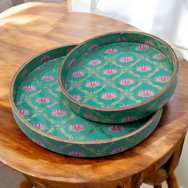 Madarks_Handcrafted_Round_Lotus_Design_Serving_Trays_-_Set_of_2,_MDF_Enamel_Trays,_Size:_7_Inch_and_9_Inch