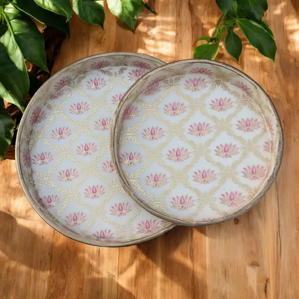 Madarks_Handcrafted_Round_Lotus_Design_Serving_Trays_-_Set_of_2,_MDF_Enamel_Trays,_Size:_7_Inch_and_9_Inch