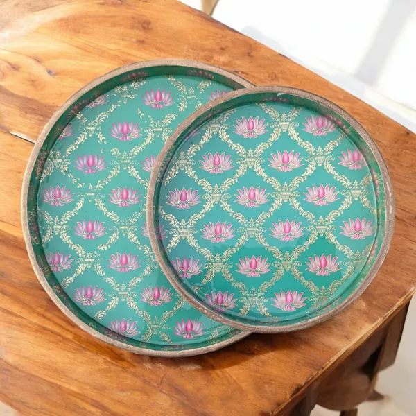Madarks_Handcrafted_Round_Lotus_Design_Serving_Trays_-_Set_of_2,_MDF_Enamel_Trays,_Size:_7_Inch_and_9_Inch