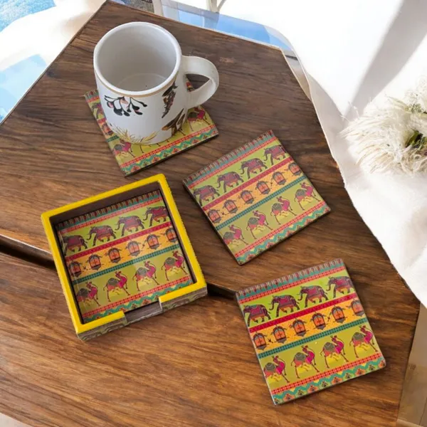 AAINA Madarks Handcrafted Wooden Coaster Set with Holder – Pack of
