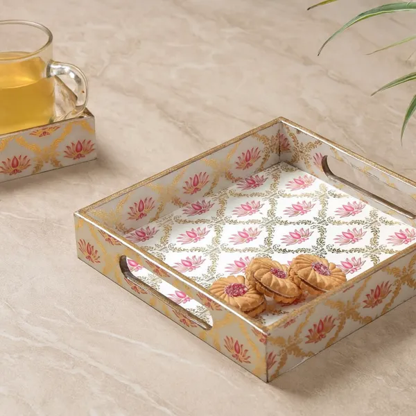 Madarks_Handcrafted_Wooden_Serving_Tray_with_Pink_Lotus_Print_|_8_x_8_x_1.5_Inch_Decorative_MDF_Tray_for_Tea,_Coffee_&_Snacks_|_Elegant_Gold_Detailing_|_Made_in_India