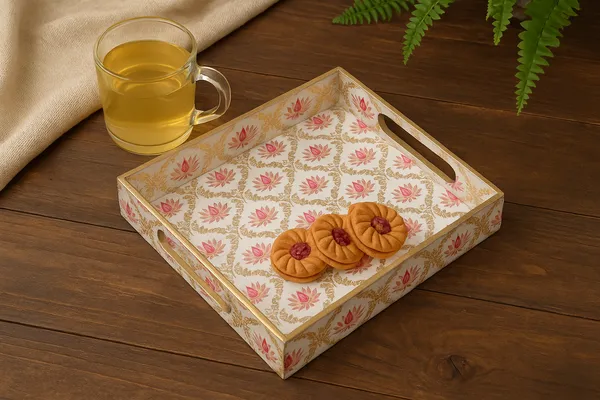 Madarks_Handcrafted_Wooden_Serving_Tray_with_Pink_Lotus_Print_|_8_x_8_x_1.5_Inch_Decorative_MDF_Tray_for_Tea,_Coffee_&_Snacks_|_Elegant_Gold_Detailing_|_Made_in_India