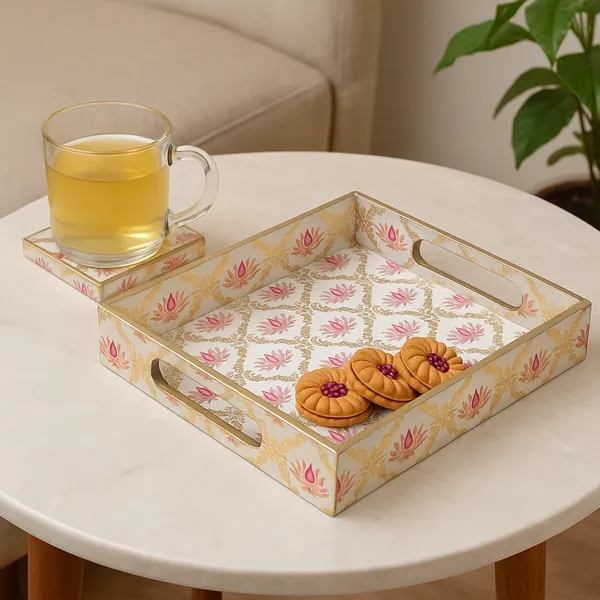 Madarks_Handcrafted_Wooden_Serving_Tray_with_Pink_Lotus_Print_|_8_x_8_x_1.5_Inch_Decorative_MDF_Tray_for_Tea,_Coffee_&_Snacks_|_Elegant_Gold_Detailing_|_Made_in_India