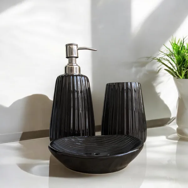 Madarks_Modern_Black_Ceramic_Bathroom_Accessory_Set_-_Soap_Dispenser,_Tumbler,_and_Soap_Dish