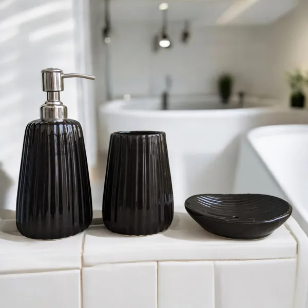 Madarks_Modern_Black_Ceramic_Bathroom_Accessory_Set_-_Soap_Dispenser,_Tumbler,_and_Soap_Dish