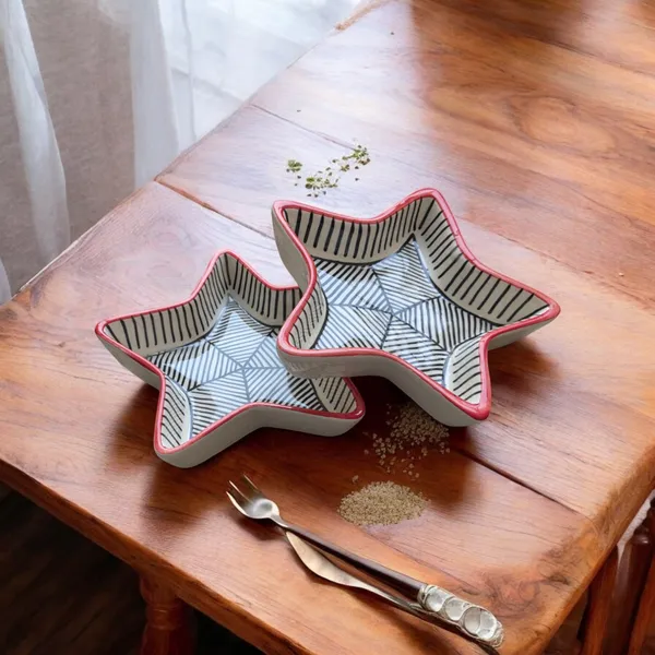 Madarks_Pack_of_2_Star-Shaped_6_Inch_Ceramic_Bowl_Cum_Platter_with_Red_Trim_�_1_Inch_Height,_Microave_amd_Dishwasher_safe