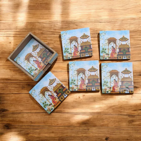 Madarks_Rajasthani_Art_MDF_Coaster_Set_with_Wooden_Holder_–_4.5_x_4.5_inch_–_Handcrafted_Indian_Design_–_Set_of_6