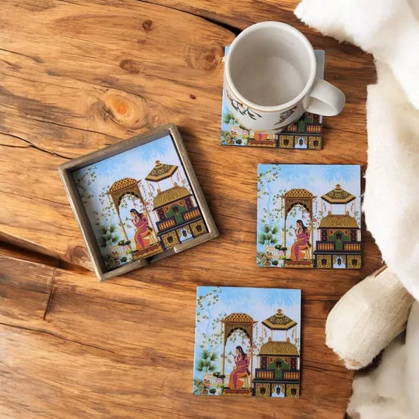 Madarks_Rajasthani_Art_MDF_Coaster_Set_with_Wooden_Holder_–_4.5_x_4.5_inch_–_Handcrafted_Indian_Design_–_Set_of_6