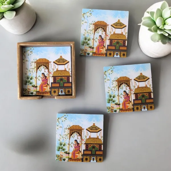 Madarks_Rajasthani_Art_MDF_Coaster_Set_with_Wooden_Holder_–_4.5_x_4.5_inch_–_Handcrafted_Indian_Design_–_Set_of_6