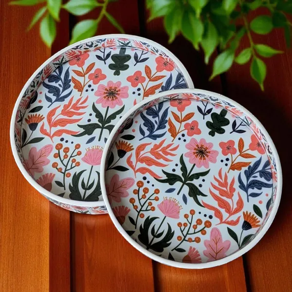 Madarks_Round_Floral_Print_MDF_Tray_Set_-_9_Inch_&_7_Inch_|_Enamel_Coated_|_Decorative_&_Multipurpose_Serving_Tray_|_Handcrafted_in_India