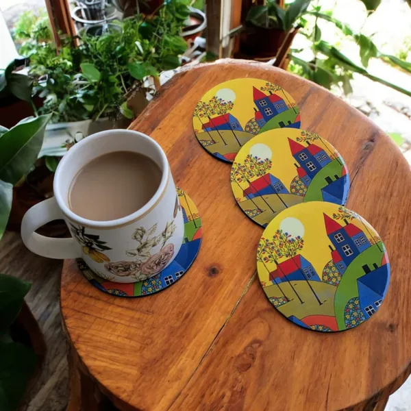 Madarks_Round_MDF_Coaster_Set_–_Colorful_House_Design_–_10_cm_Diameter_(Set_of_4)