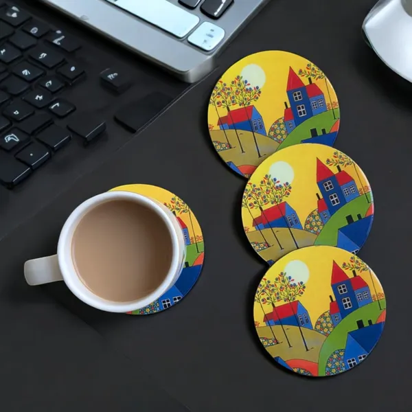 Madarks_Round_MDF_Coaster_Set_–_Colorful_House_Design_–_10_cm_Diameter_(Set_of_4)