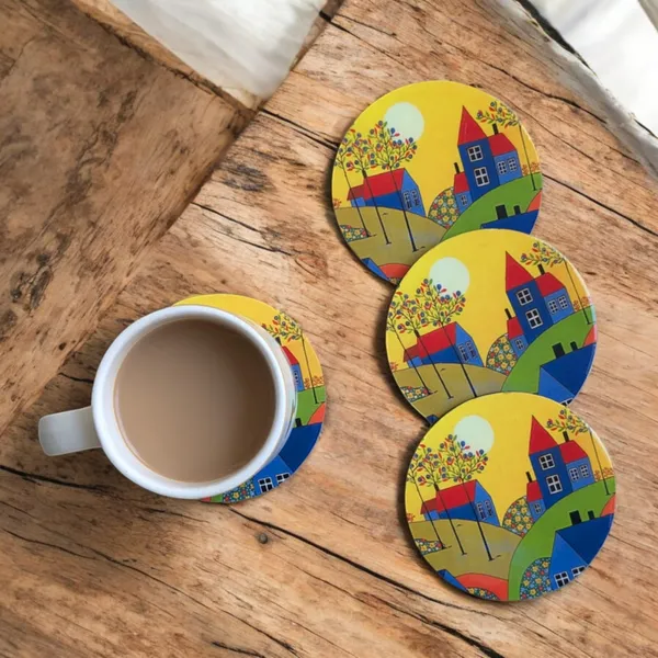 Madarks_Round_MDF_Coaster_Set_–_Colorful_House_Design_–_10_cm_Diameter_(Set_of_4)