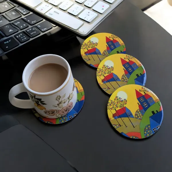 Madarks_Round_MDF_Coaster_Set_–_Colorful_House_Design_–_10_cm_Diameter_(Set_of_4)