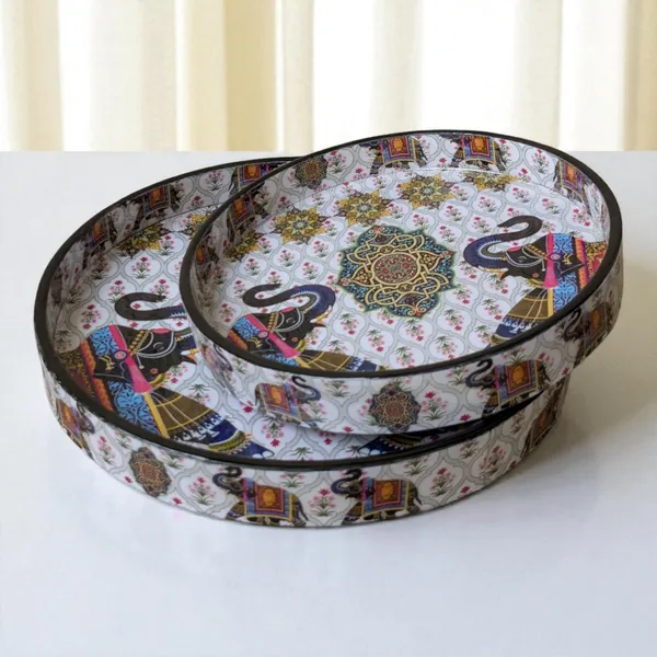 Madarks_Set_of_2_Decorative_Round_Trays_|_9_&_7_Inch_|_MDF_Wood_with_Enamel_Finish_|_Traditional_Elephant_Print_|_Handmade_Multipurpose_Serving_Tray_for_Home_&_Gifting