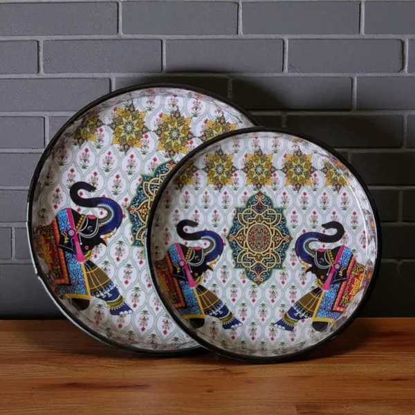 Madarks_Set_of_2_Decorative_Round_Trays_|_9_&_7_Inch_|_MDF_Wood_with_Enamel_Finish_|_Traditional_Elephant_Print_|_Handmade_Multipurpose_Serving_Tray_for_Home_&_Gifting
