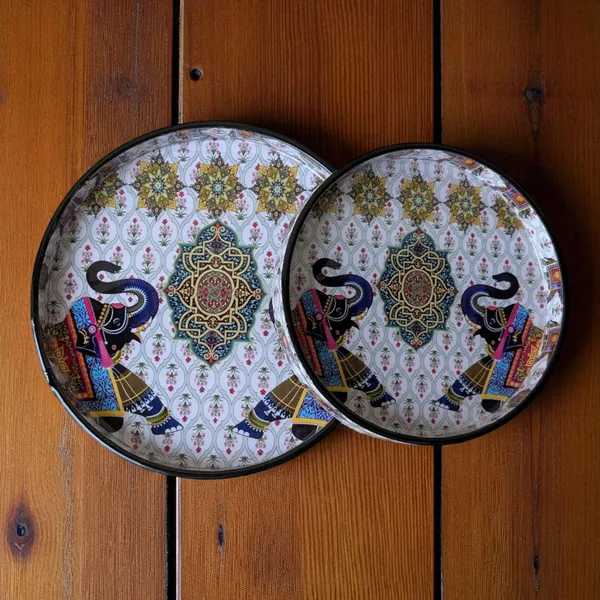 Madarks_Set_of_2_Decorative_Round_Trays_|_9_&_7_Inch_|_MDF_Wood_with_Enamel_Finish_|_Traditional_Elephant_Print_|_Handmade_Multipurpose_Serving_Tray_for_Home_&_Gifting