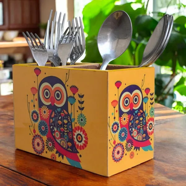 Madarks_Vibrant_Owl-Themed_Wooden_Cutlery_Holder_�_4_Compartments