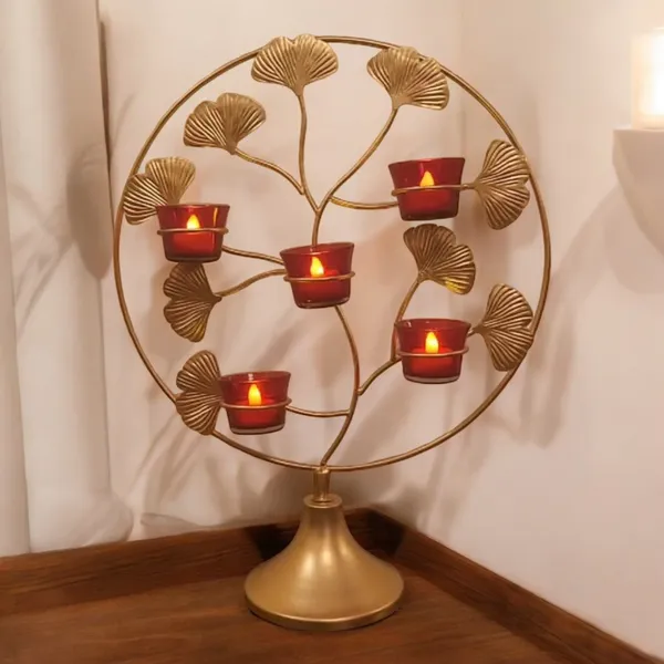 Madarks_:_Golden_Leaf_Metal_Tea_Light_Candle_Holder_�_6_Holder_Decorative_Stand,_Height:_19_inch_and_Width:_15_Inch