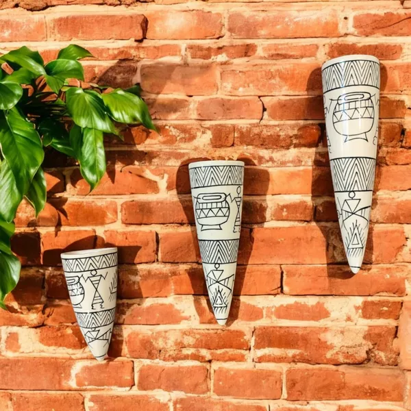 Set_of_3_Wall-Mounted_Cone-Shaped_Decorative_Ceramic_Planters_with_Tribal_Design