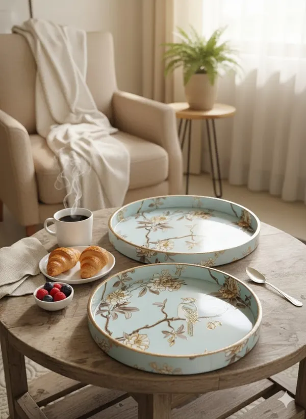 Madarks_Handcrafted_Round_Bird_Design_Serving_Trays_-_Set_of_2,_MDF_Enamel_Trays,_Size:_7_Inch_and_9_Inch