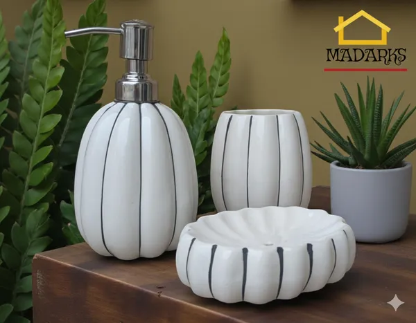 Madarks_3-Piece_Ceramic_Bathroom_Accessory_Set_|_Handcrafted_Soap_Dispenser,_Toothbrush_Holder_&_Soap_Dish_|_White_with_Black_Lines_|_Modern_Minimalist_Bath_Counter_Set