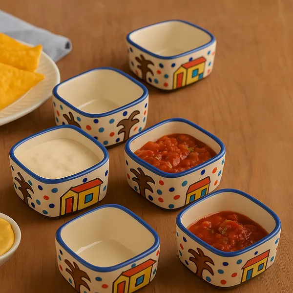 Handpainted_6_Dips_of_Hut_Ceramic_Dip_Bowl/Chutney_Bowl/Pickle_Bowl/Sauce_Serving_Bowl_Set_(50_ML,_Small,_6-Pieces,_Multicolour,_Cartoon_Shape_Square)