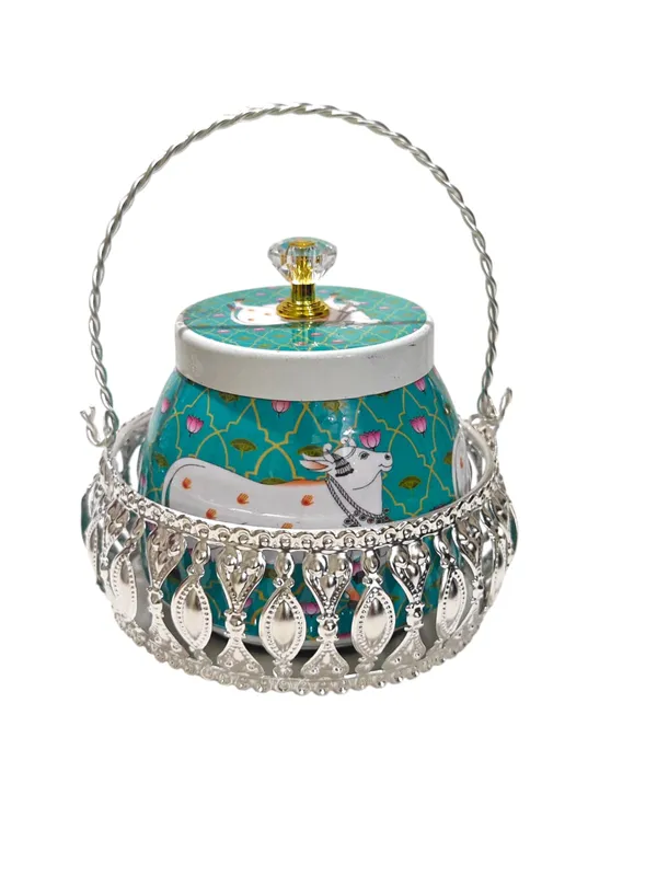 Elegant_Silver_Plated_Dry_Fruit_Basket_&_Hand-Painted_Metal_Jar_Set_(Green)