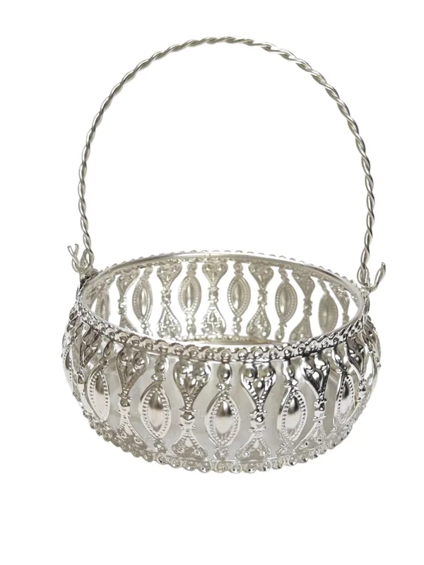 Elegant_Silver_Plated_Dry_Fruit_Basket_&_Hand-Painted_Metal_Jar_Set_(Green)