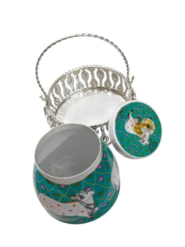 Elegant_Silver_Plated_Dry_Fruit_Basket_&_Hand-Painted_Metal_Jar_Set_(Green)