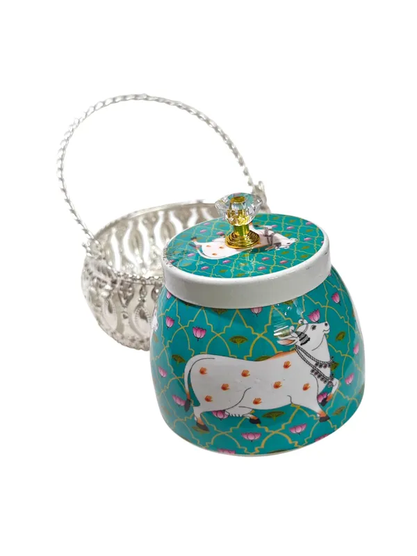 Elegant_Silver_Plated_Dry_Fruit_Basket_&_Hand-Painted_Metal_Jar_Set_(Green)