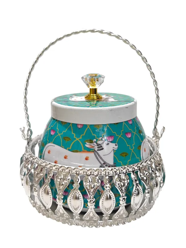 Elegant_Silver_Plated_Dry_Fruit_Basket_&_Hand-Painted_Metal_Jar_Set_(Green)