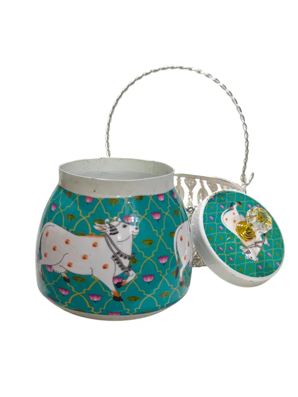 Elegant_Silver_Plated_Dry_Fruit_Basket_&_Hand-Painted_Metal_Jar_Set_(Green)