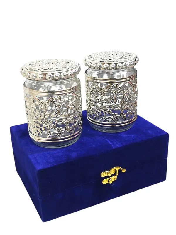 Set_of_2_Glass_Dry_Fruit_Jars_with_German_Silver_Metal_Flower_Work_&_Velvet_Box_–_Premium_Wedding_Return_Gift