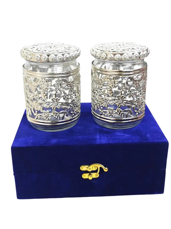 Set_of_2_Glass_Dry_Fruit_Jars_with_German_Silver_Metal_Flower_Work_&_Velvet_Box_–_Premium_Wedding_Return_Gift
